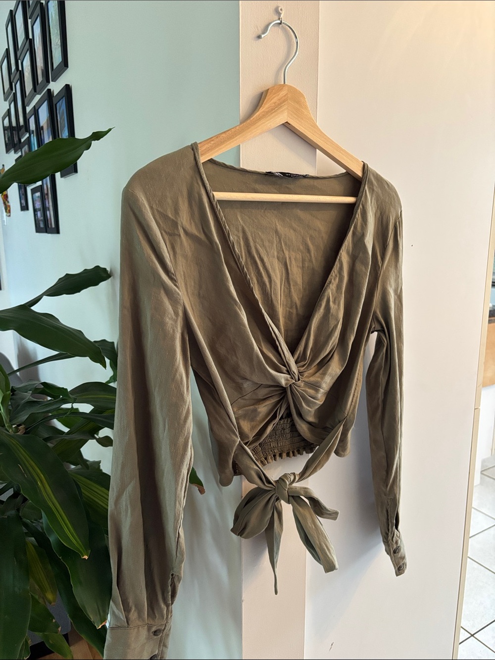 Zara Olive Green Tie-Front Blouse